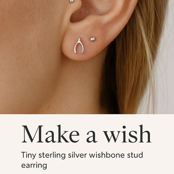 Tiny Sterling Silver Wishbone Studs – Minimalist Stack - Picture 3 of 7